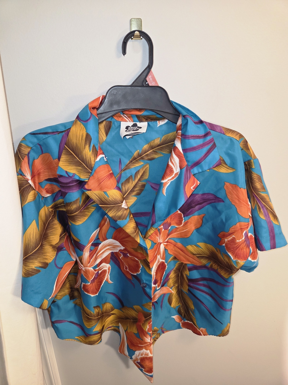 Vintage Hilo Hattie Front Tie Cropped Hawaiian Shirt Size L Turquoise Floral.